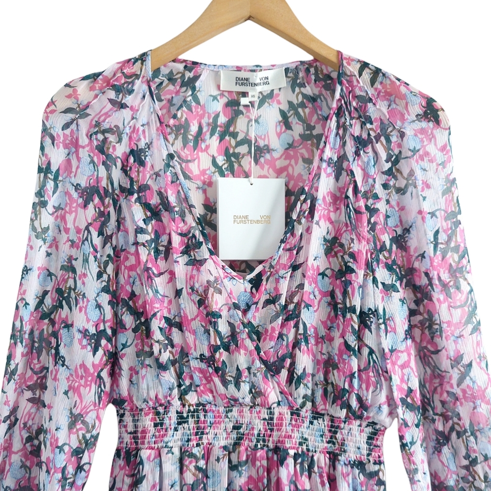 DIANE VON FURSTENBERG Kelby Floral Silk Mini Tiered Ruffle Pink Dress Size XS - Picture 5 of 17